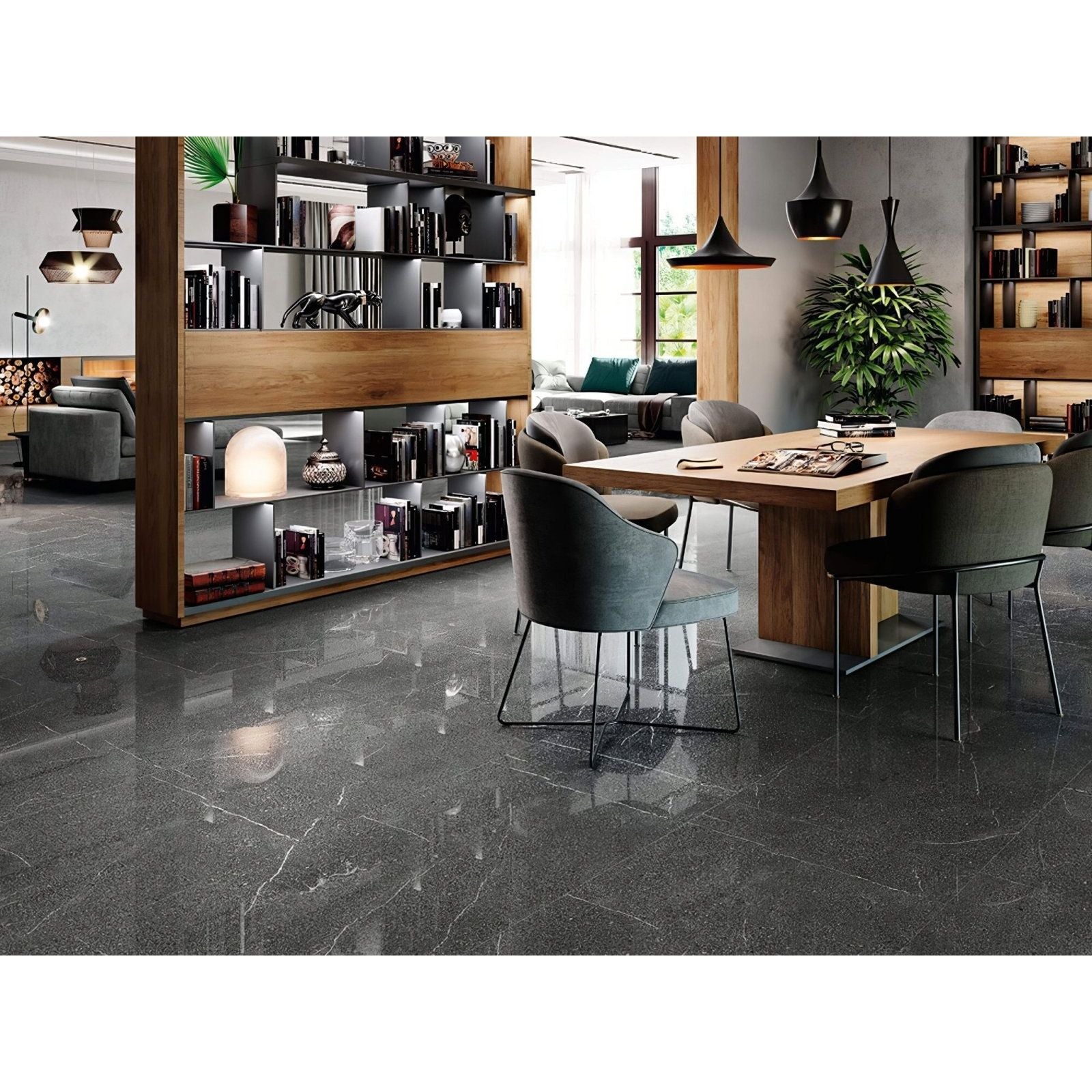 Dark gray marble-effect floor tiles with subtle white veining in cleveland 1834 black polished finish