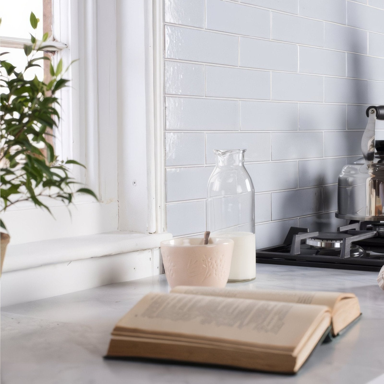 Cloud smooth brick tile with a marble countertop surface featuring an open aged book with yellowed pages