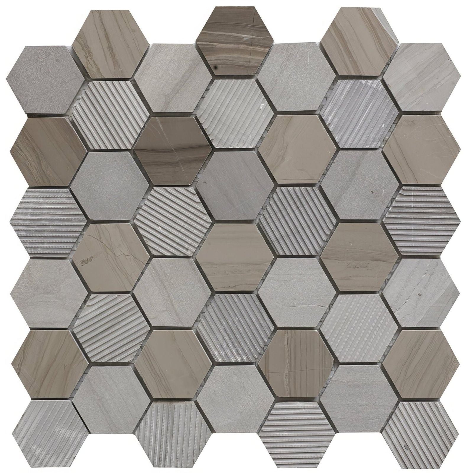 Coffee stone hexagon mixed finish marble mosaic tile panel with gray and beige tones featuring smooth and textured surfaces