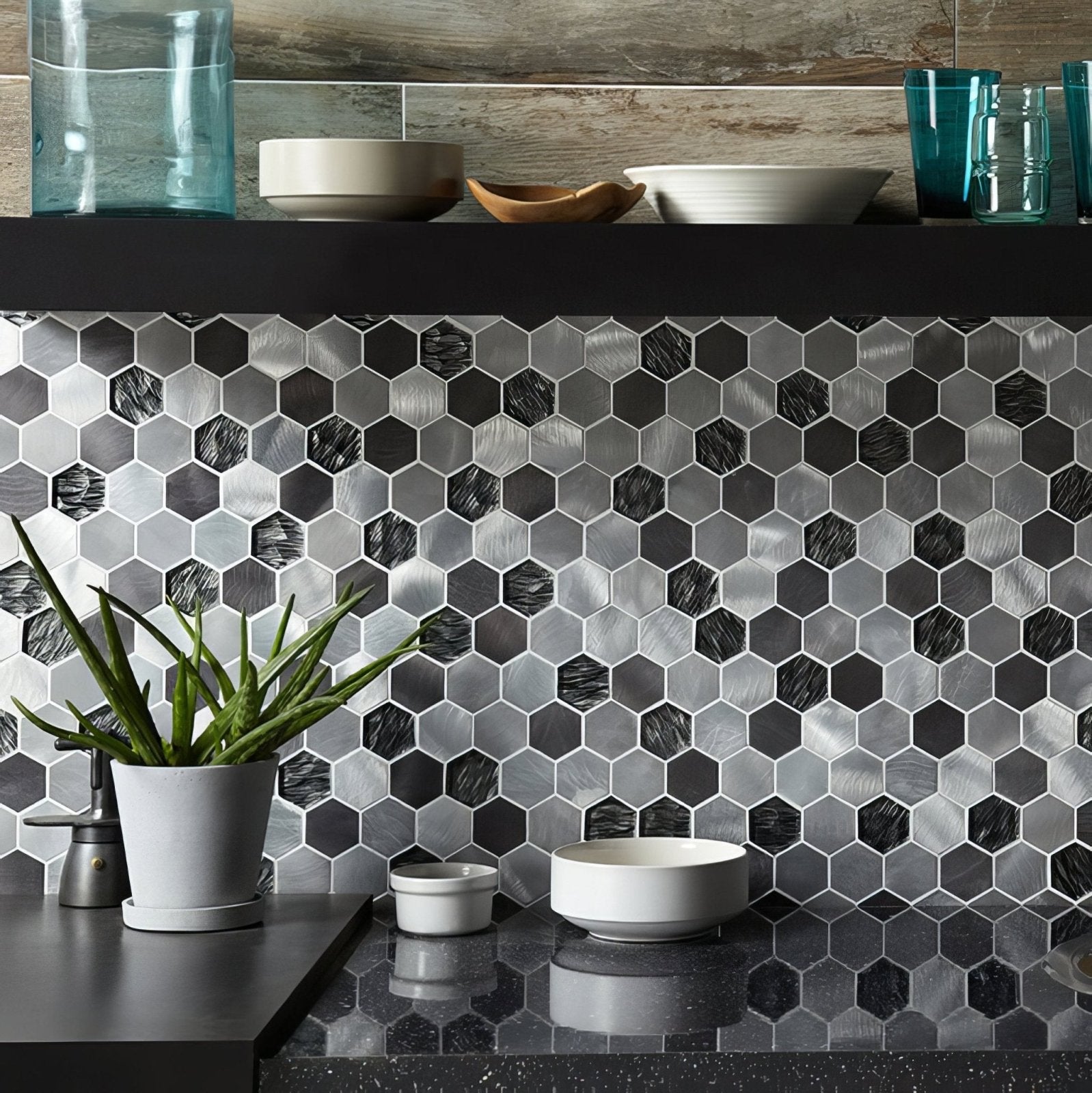 Colby Black Mix Glass & Metal Hexagon Mosaic