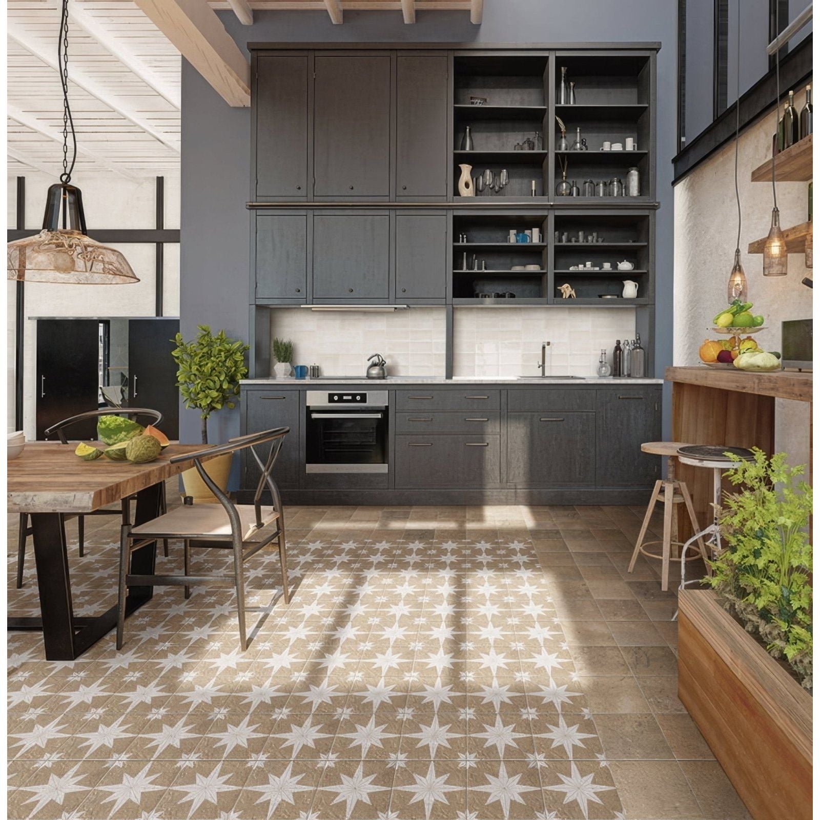 Dark gray kitchen cabinets with open shelving and built-in oven below countertop in compass sand beige setting