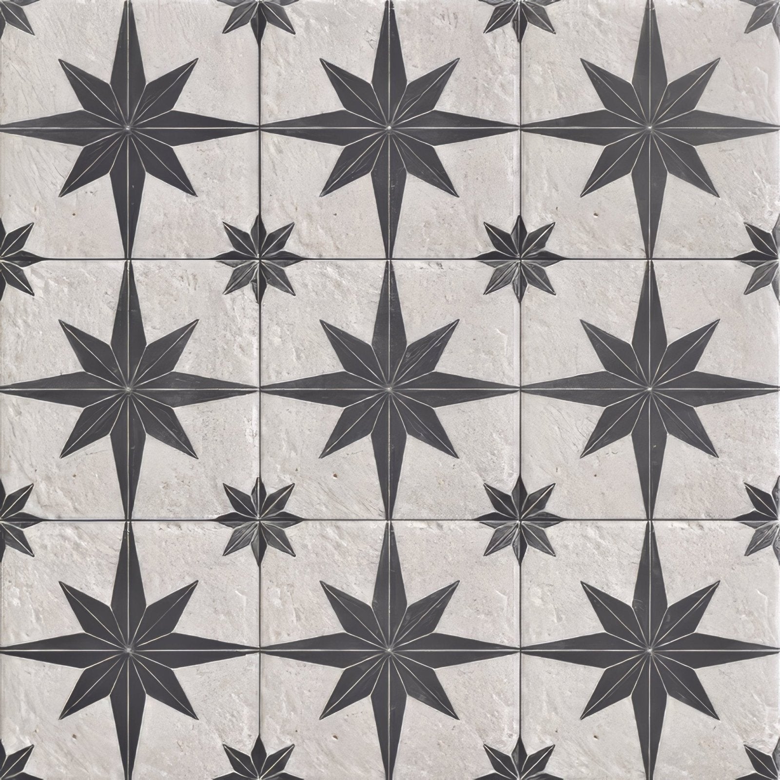 Black and white star-patterned compass white mosaic tile with textured stone-like finish for decorative surfaces