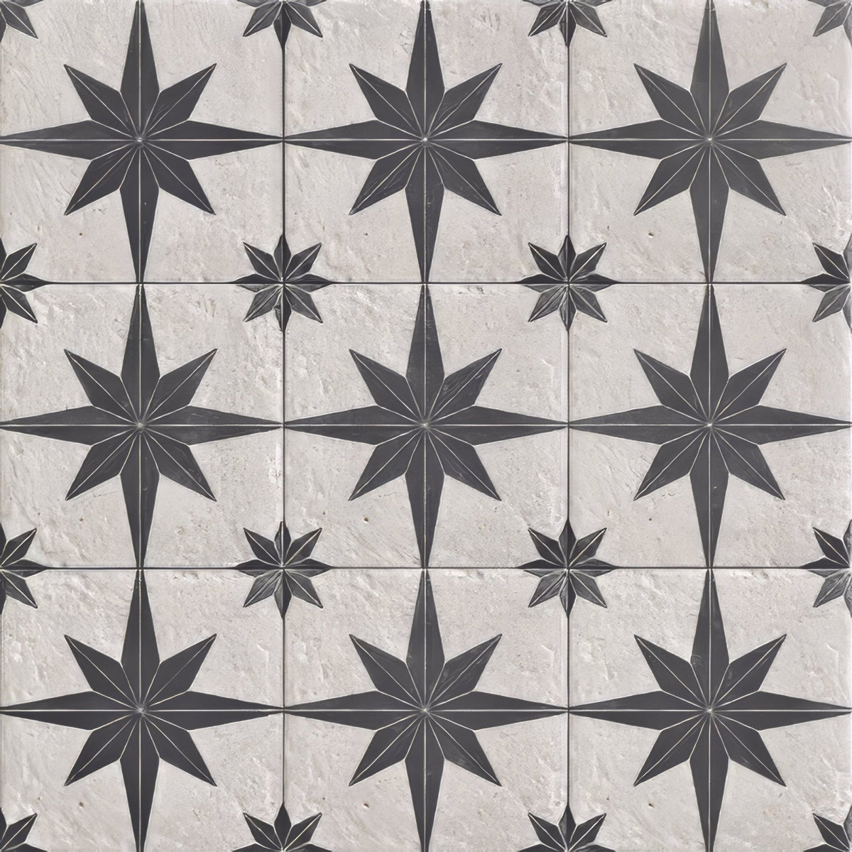 Black and white star-patterned compass white mosaic tile with textured stone-like finish for decorative surfaces