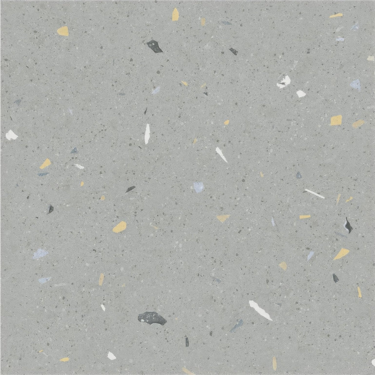 Confetti blue terrazzo effect tile in gray with yellow white black and light blue specks for decorative flooring