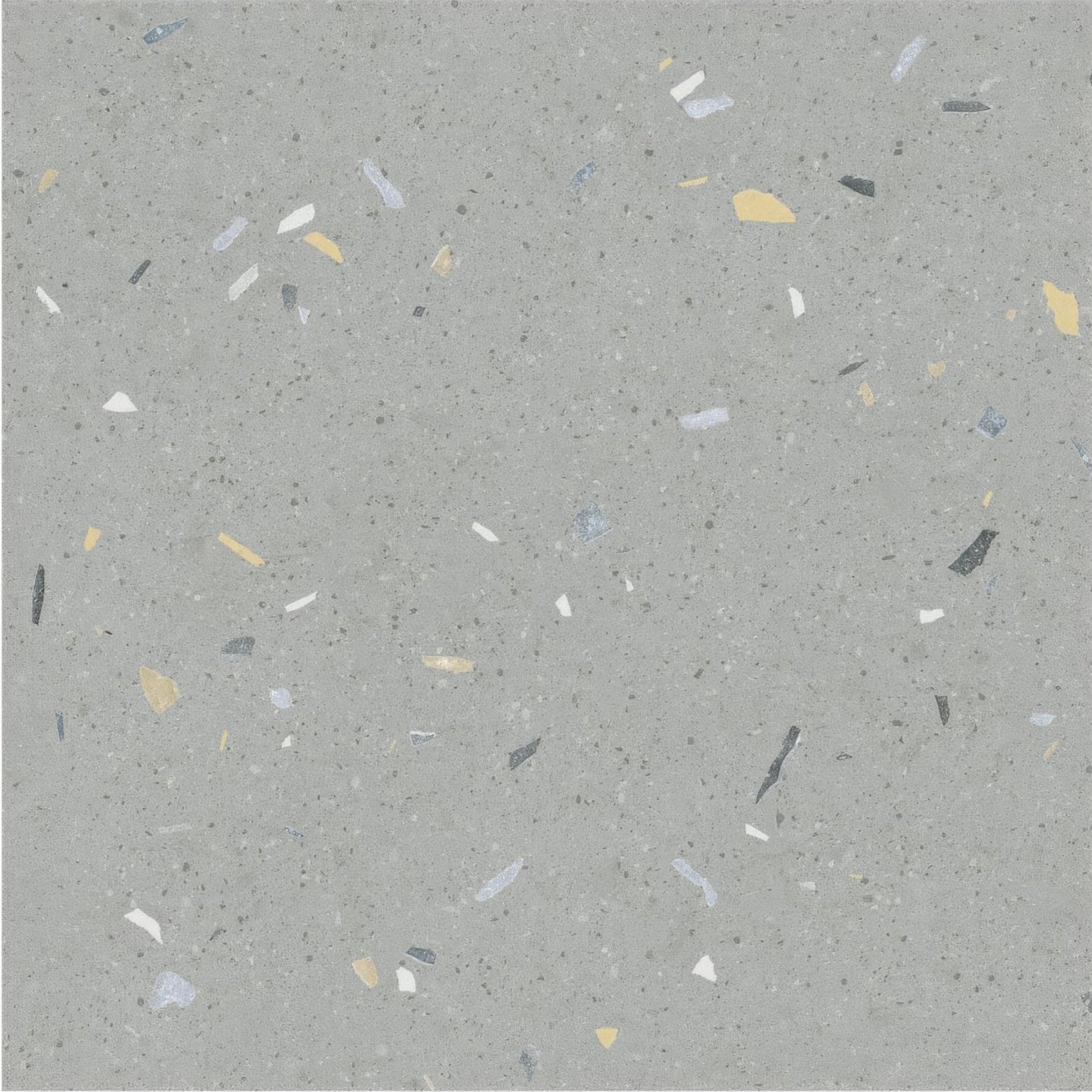 Gray confetti blue terrazzo effect tile with yellow white black and subtle blue flecks for decorative flooring and walls