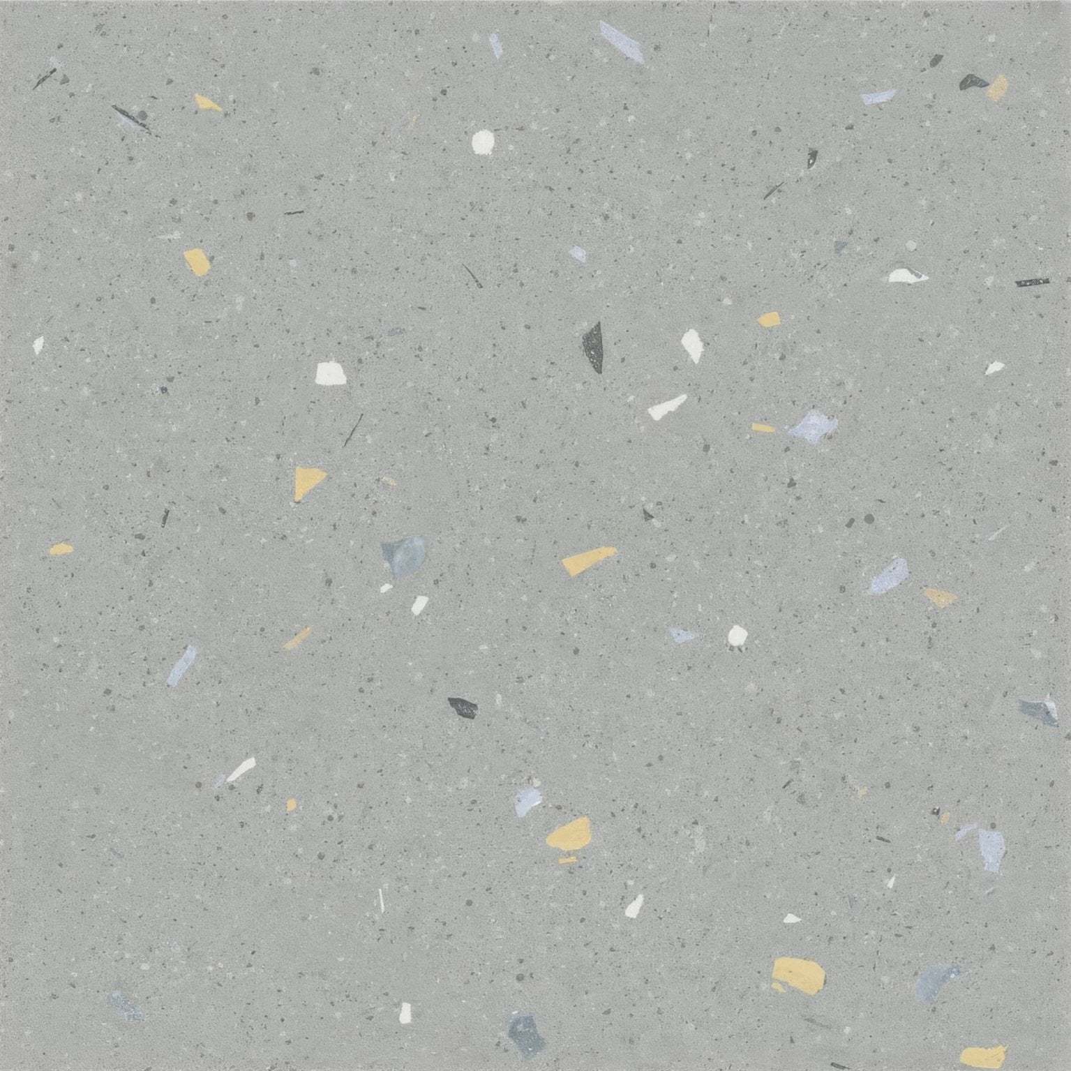 Confetti blue terrazzo effect tile in gray with yellow white black and light blue specks for decorative flooring and walls
