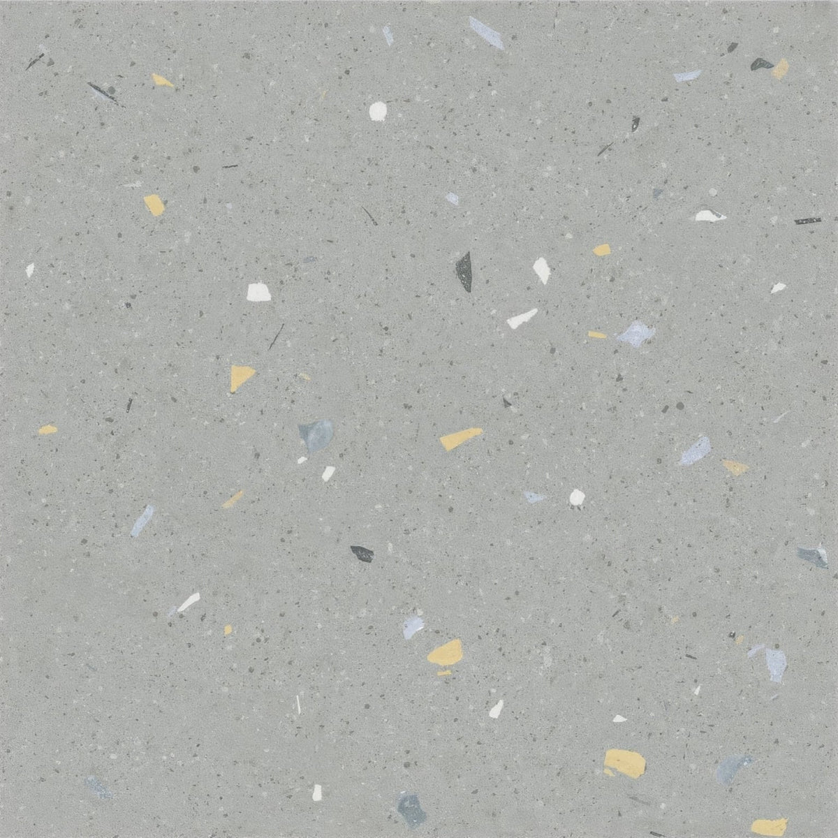 Confetti blue terrazzo effect tile in gray with yellow white black and light blue specks for decorative flooring and walls