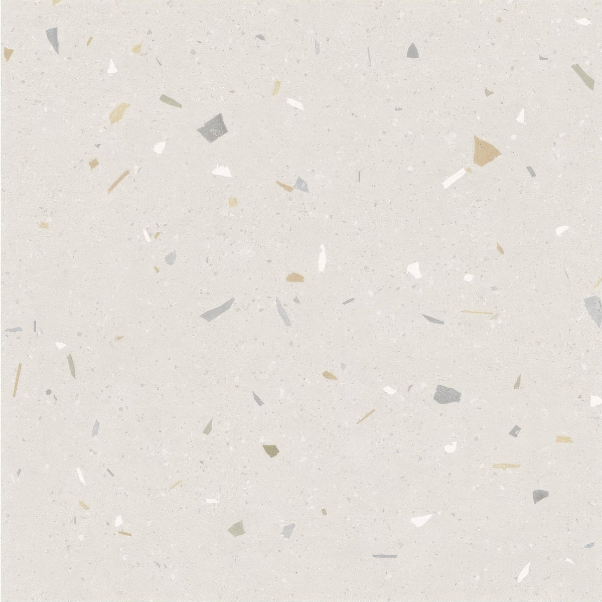 Beige confetti cream terrazzo effect tile with scattered gray gold and white fragments surface design