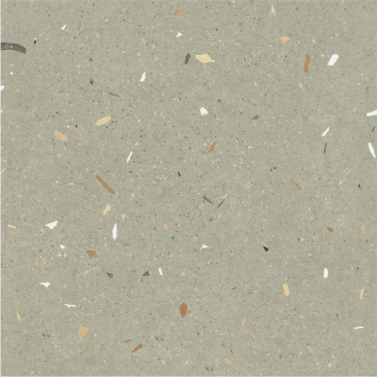 Confetti green terrazzo effect tile with gray base and scattered white beige and dark brown specks for flooring and walls