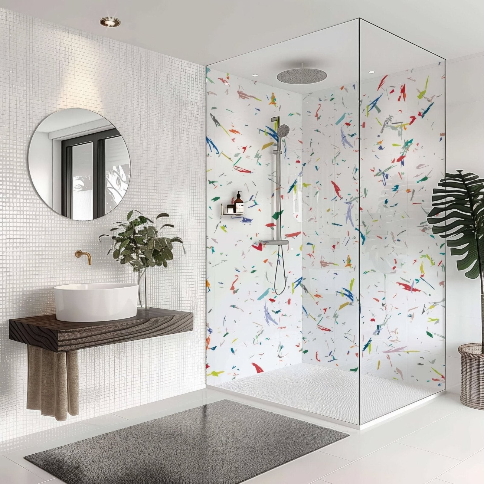 Glass shower enclosure with colorful abstract brushstroke pattern on interior walls in confetti shower panel design
