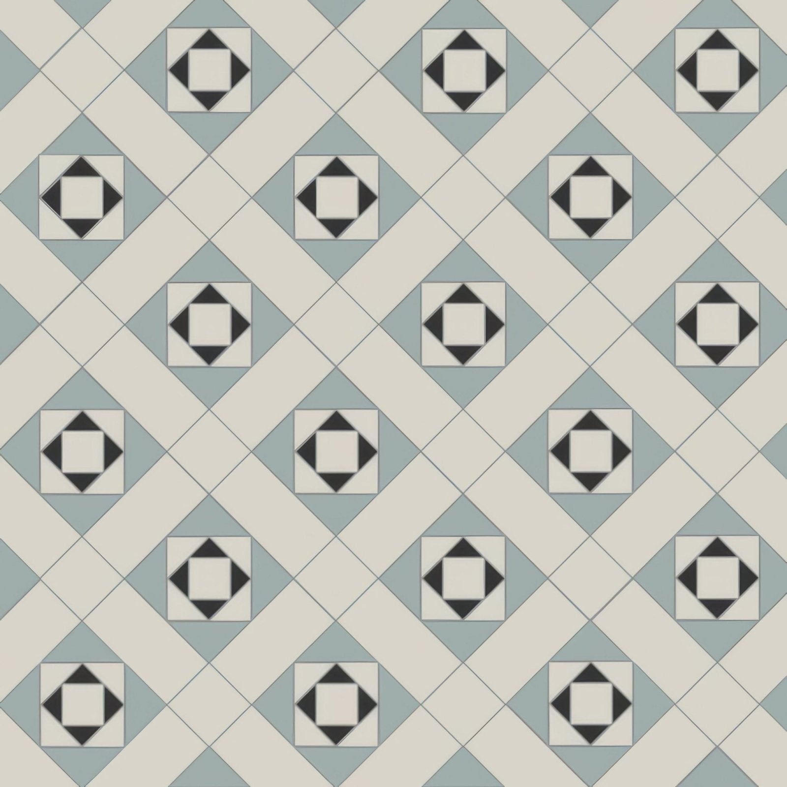 Geometric patterned floor tiles in conway black dover white and grey with repeating diamond design and light gray accents