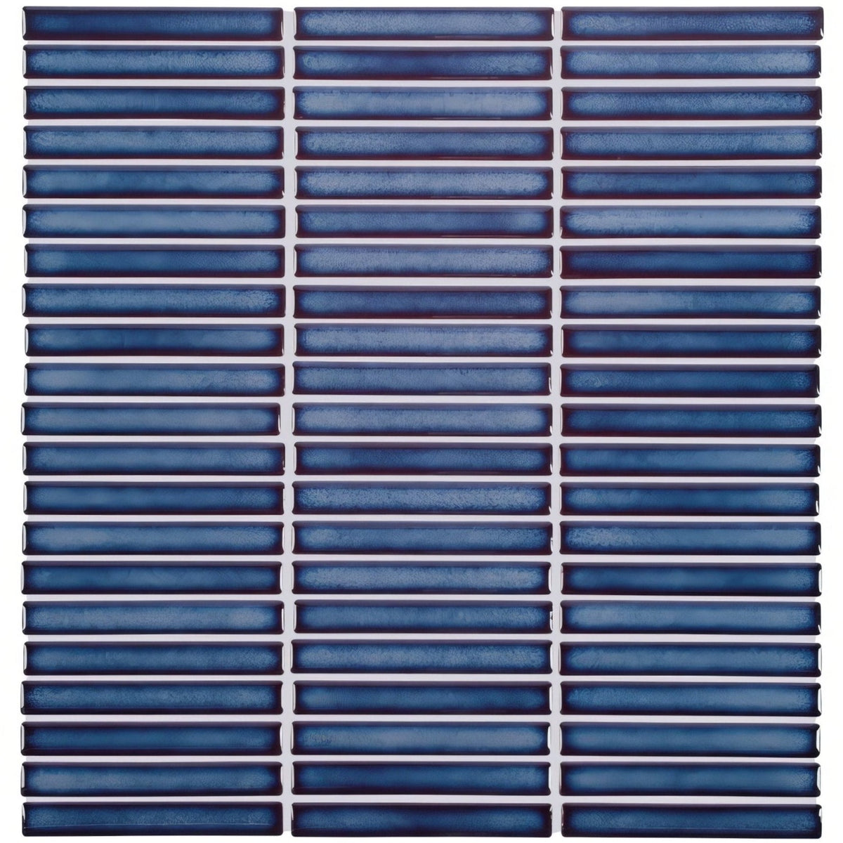 Deep blue rectangular glass mosaic tiles arranged in neat rows in the copenhagen kit kat blue mosaic product kit