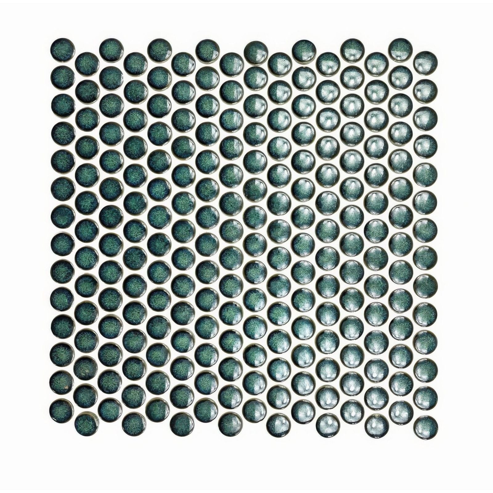 Copenhagen penny round dark green mosaic tile featuring circular green glossy iridescent penny round tiles