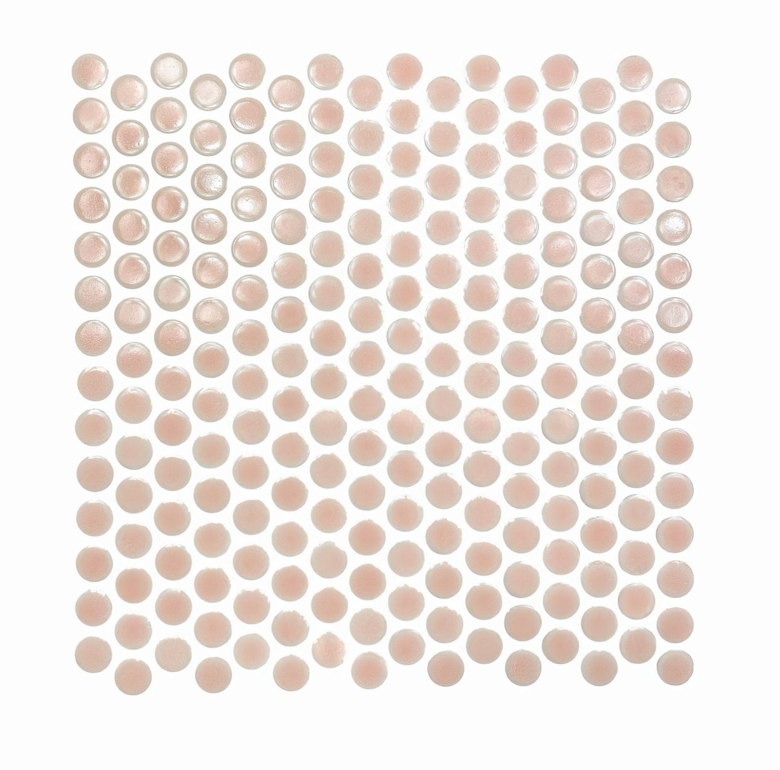 Rounded translucent pink glass mosaic tiles arranged in a grid pattern from copenhagen penny round pink mosaic