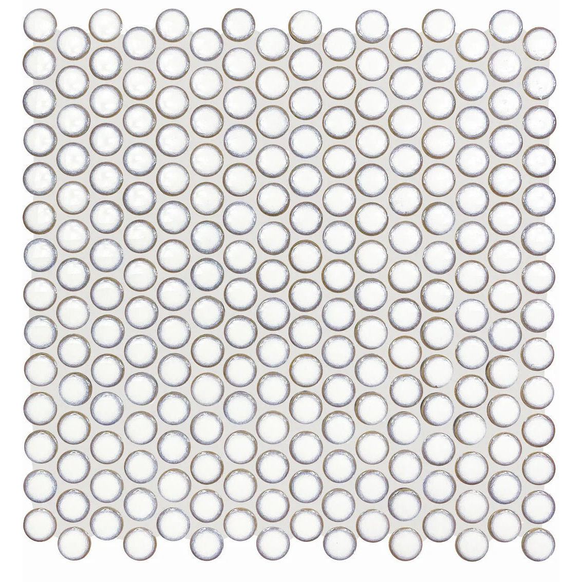 Clear glass copenhagen penny round white mosaic tile with subtle metallic sheen and uniform circular design
