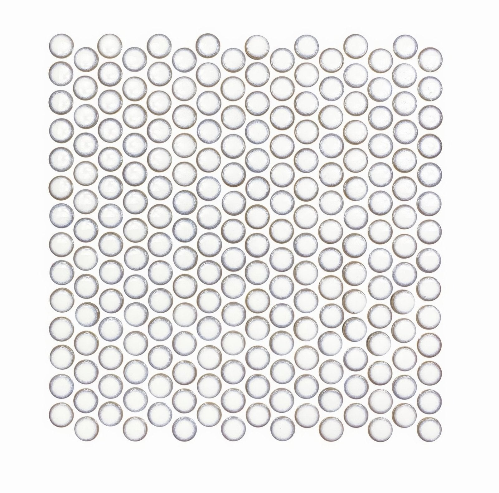 Clear circular glass mosaic tiles in a grid pattern from copenhagen penny round white mosaic collection