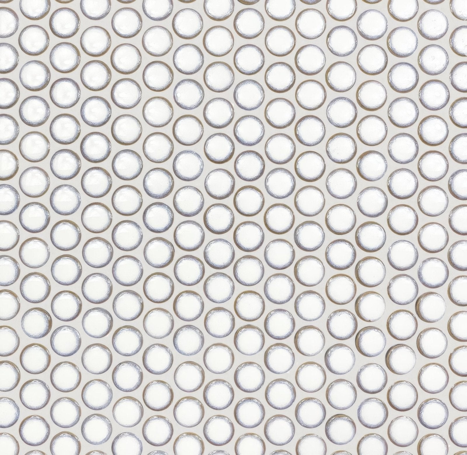 Copenhagen penny round white mosaic glass tiles with a subtle metallic rim in a circular penny round pattern