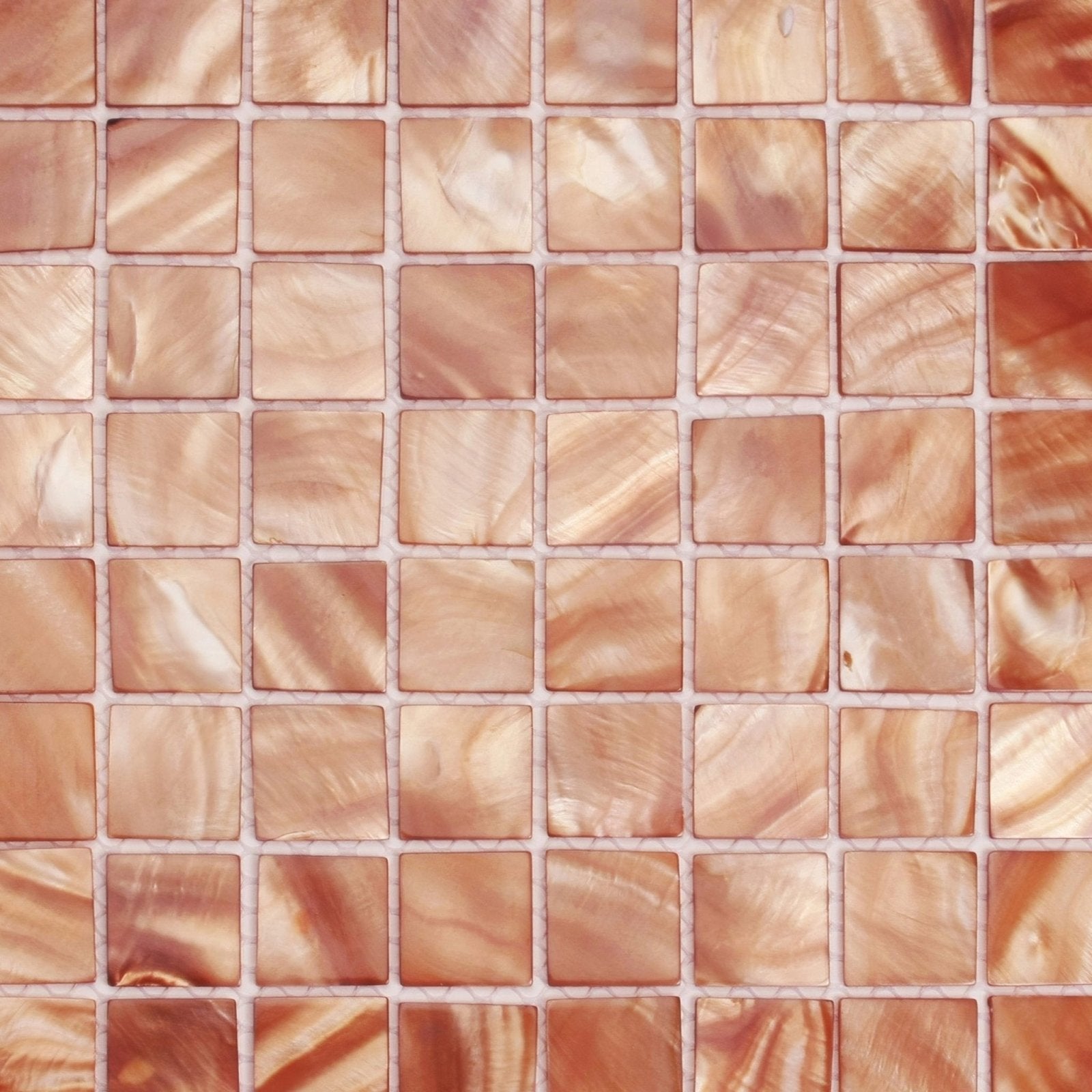 Copper 25mm square mosaic tiles with a copper-toned glossy iridescent finish for decorative surfaces
