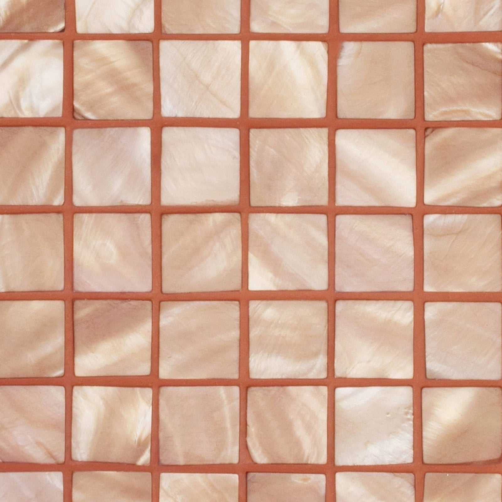 Beige copper 25mm square mother-of-pearl mosaic tile with iridescent sheen set in warm terracotta grout