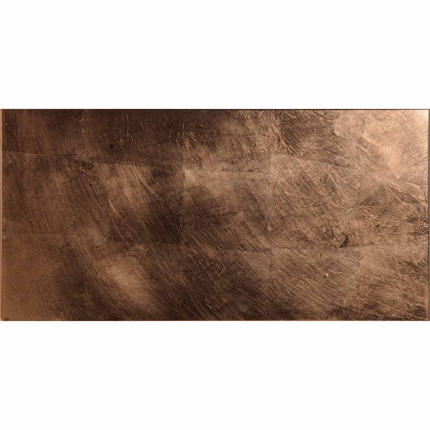 Copper leaf decorative glass featuring a rectangular copper-toned metal tile with a textured brushed finish