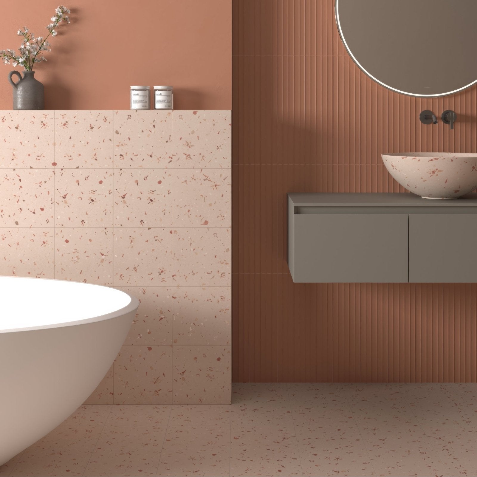 Beige terrazzo coral fragment 20x20cm bathroom wall tiles with speckled brown and pink flecks