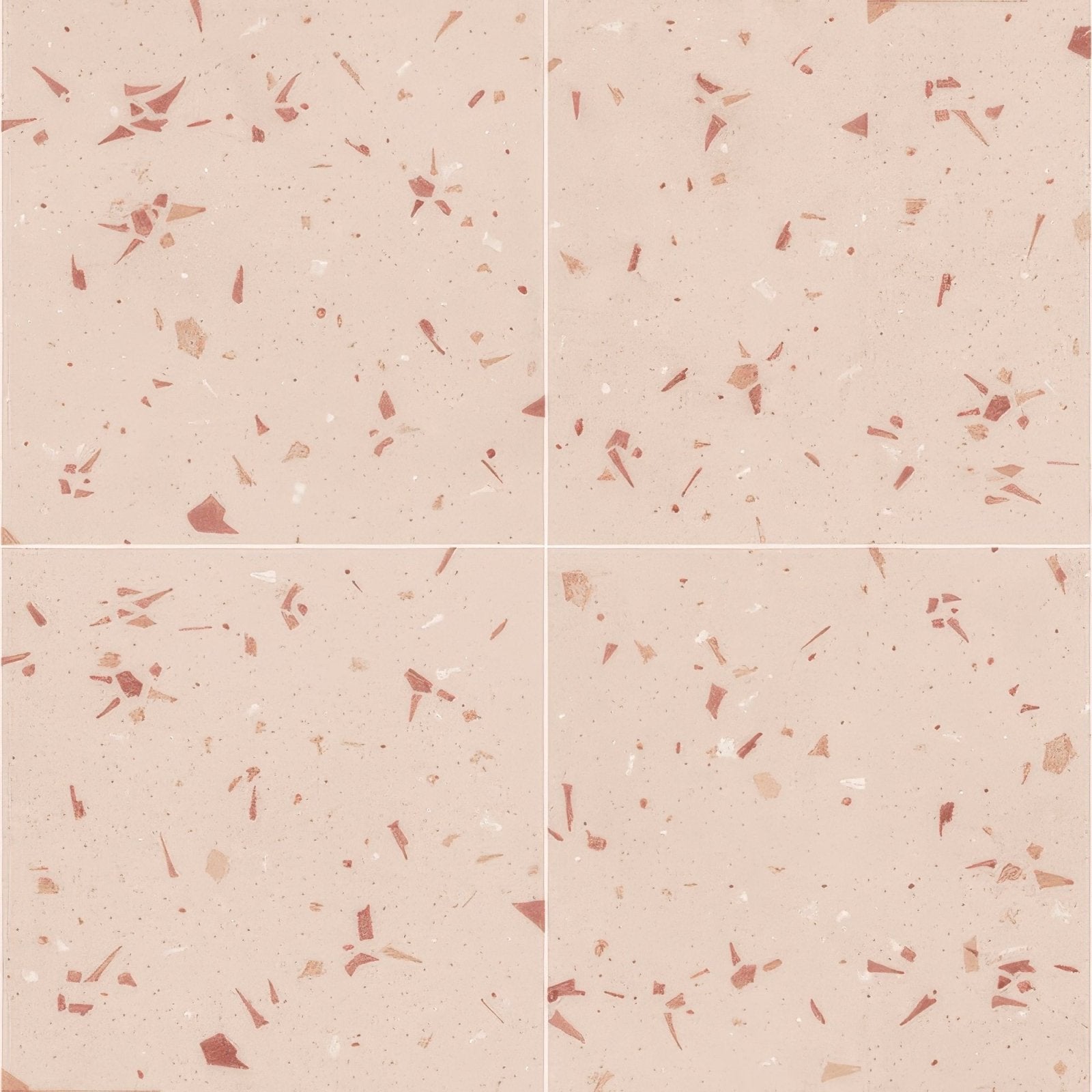 Pink terrazzo tiles coral fragment 20x20cm with scattered red and beige fragments in a durable surface finish