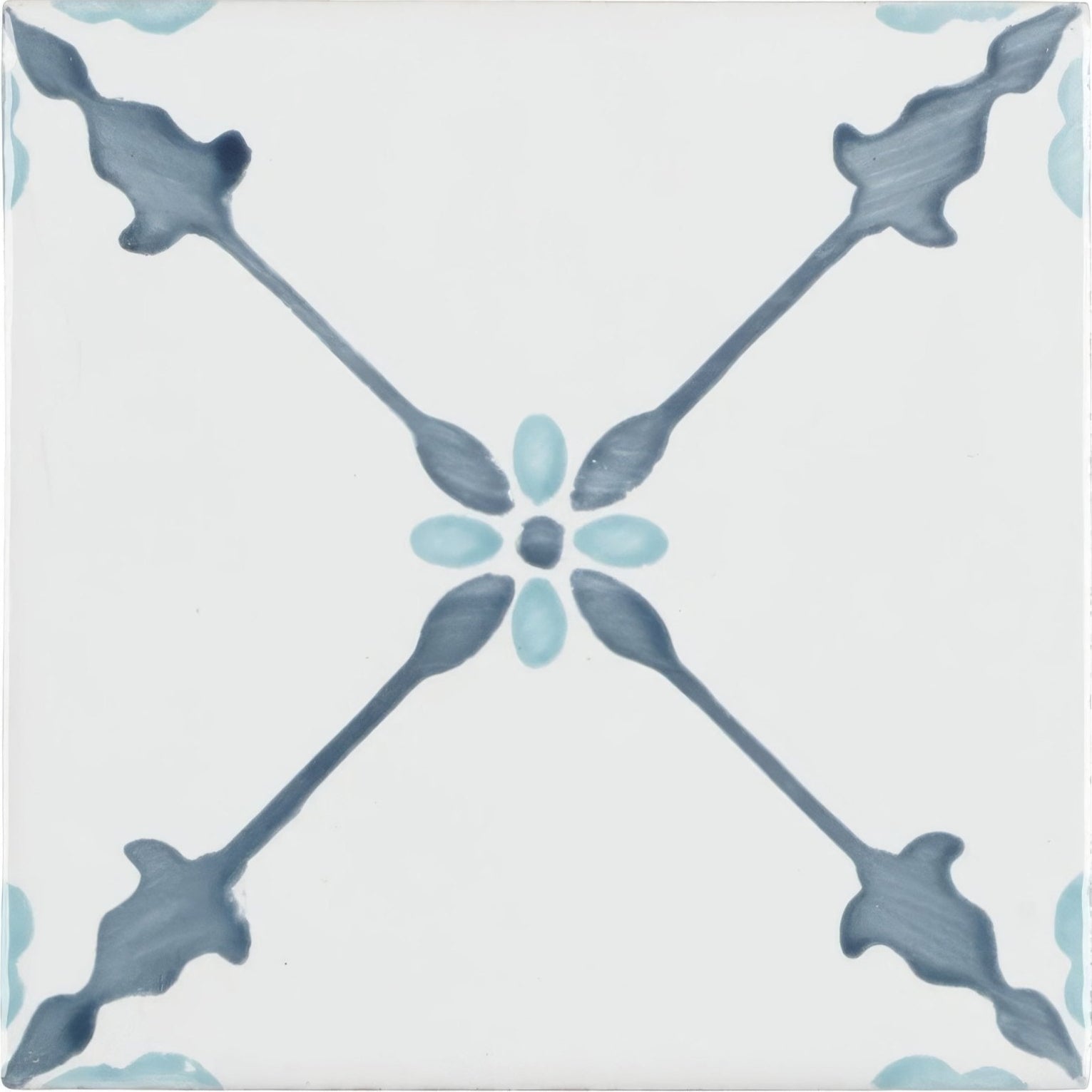 A square ceramic cordoba decor 2 hand painted tile with a light gray background and blue teal floral pattern