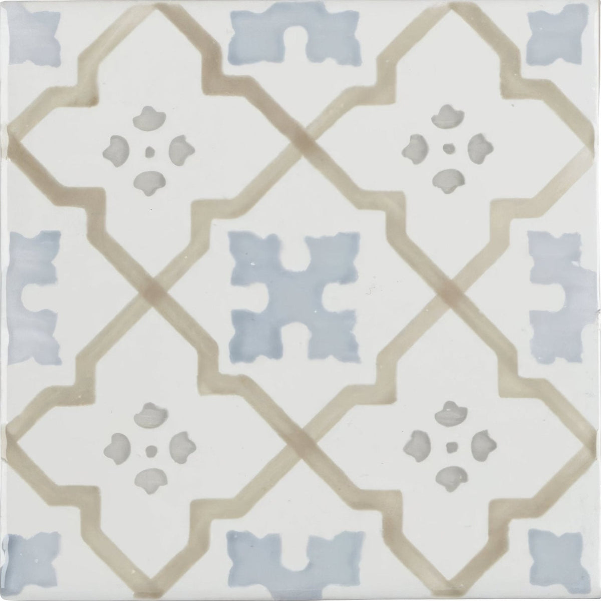 White ceramic Cordoba Decor 3 hand painted tile with muted blue and beige geometric pattern for wall or floor use