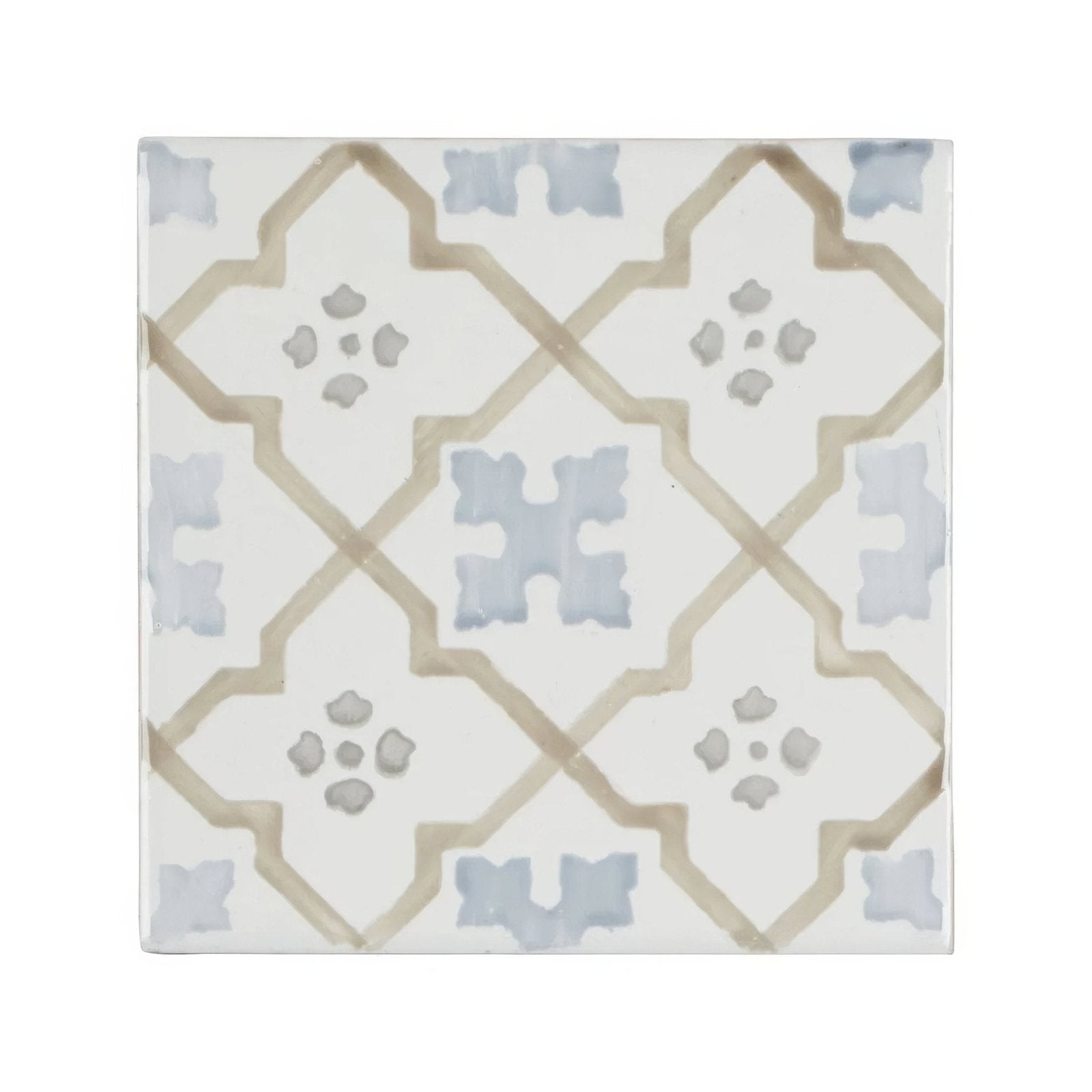 Cordoba decor 3 hand painted white ceramic tile with beige and light gray geometric diamond and floral pattern