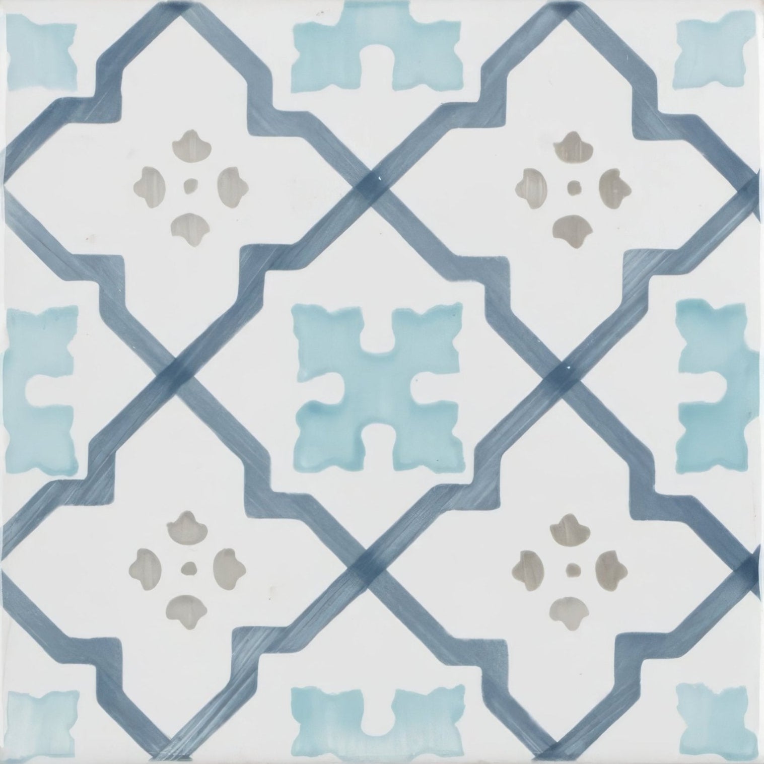 White ceramic tile cordoba decor 4 hand painted with soft blue and muted gray geometric diamond pattern and cutouts