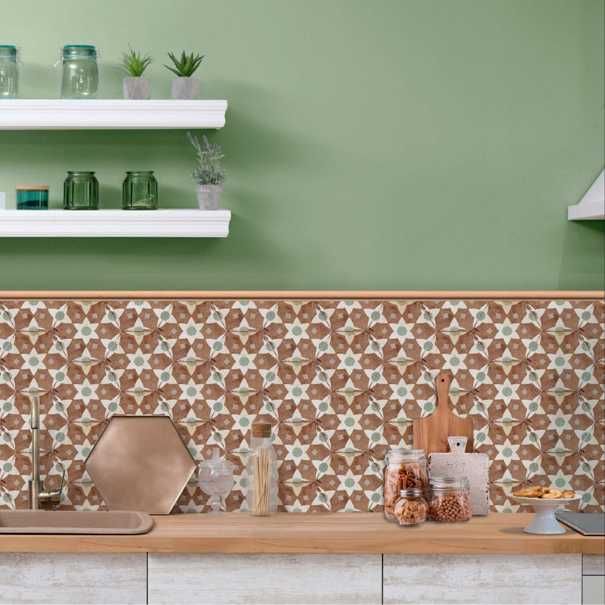 Cordoba hexagon tile with geometric patterned backsplash in earthy brown cream and muted green tones for interior walls