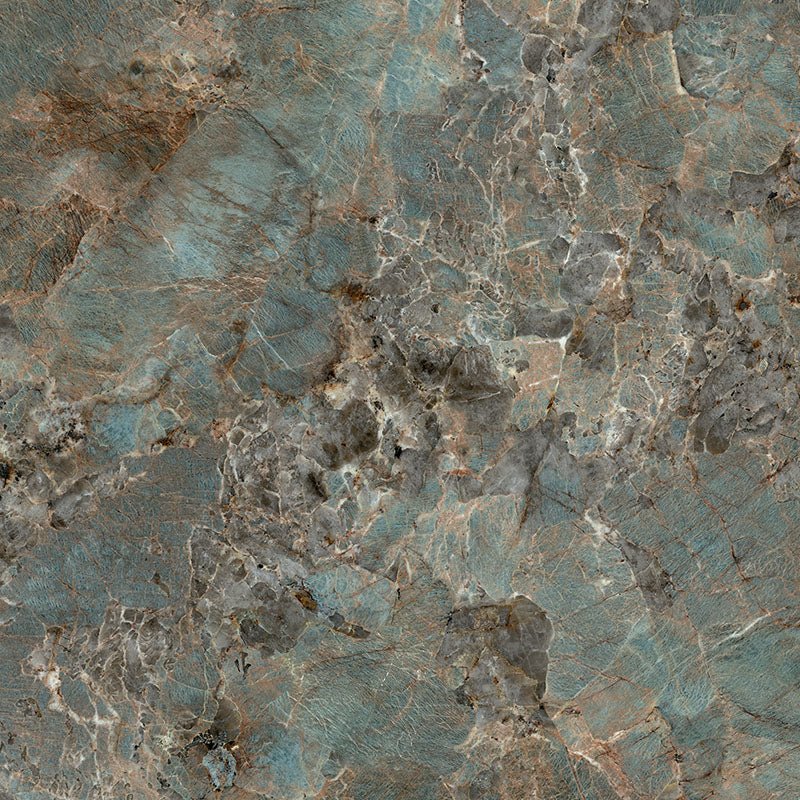 Cosmopolitan amazzonite lappato 80 x 80cm blue-gray marble tile with intricate veining and earthy brown accents