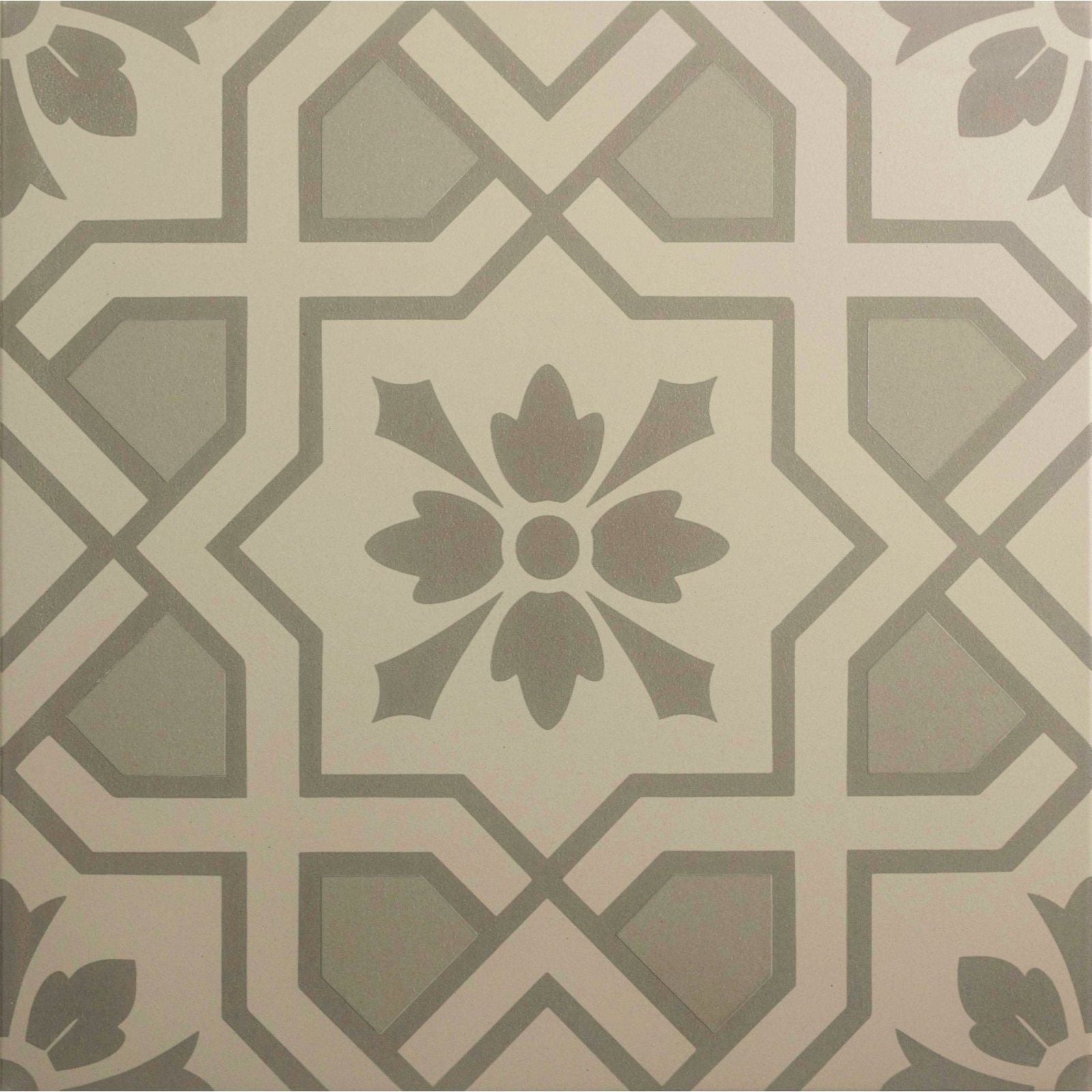 Cotehele grey on chalk tile featuring gray and cream floral motif with surrounding geometric patterns