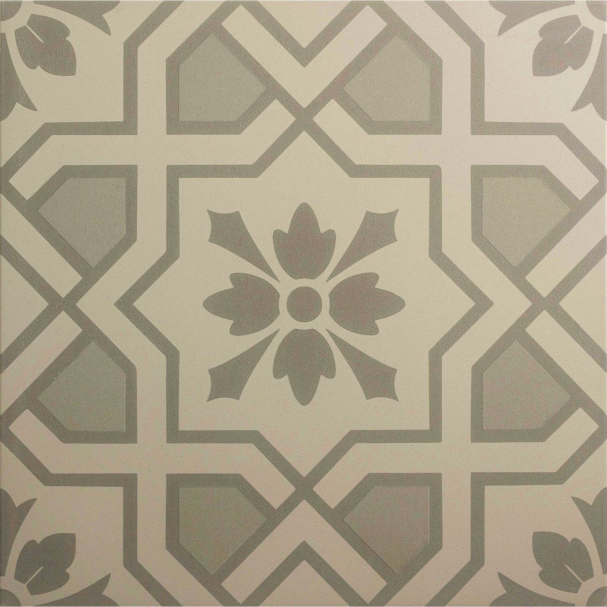 Cotehele grey on chalk tile featuring gray and cream floral motif with surrounding geometric patterns