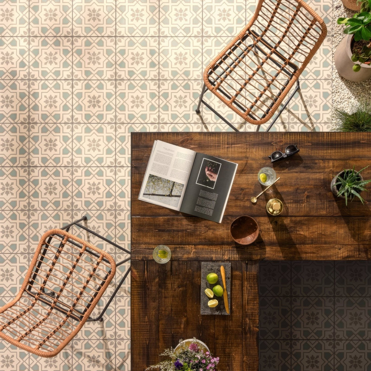 Dark wood cotehele teal on chalk table with rustic grain natural imperfections and lifestyle accessories on top