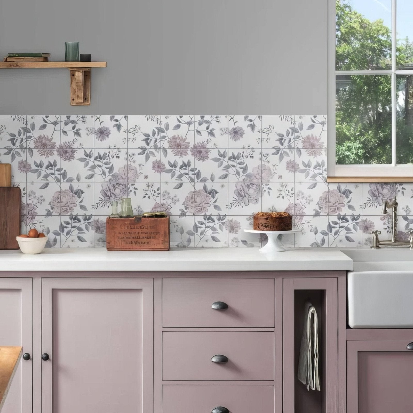 Cottage garden 16 tile panel with floral-patterned kitchen backsplash tiles featuring lavender and gray blossoms on white