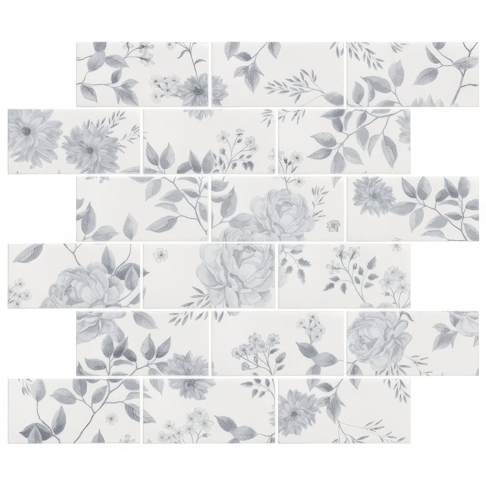 Cottage garden blue 18 tile panel featuring white rectangular tiles with delicate gray floral rose and leaf patterns