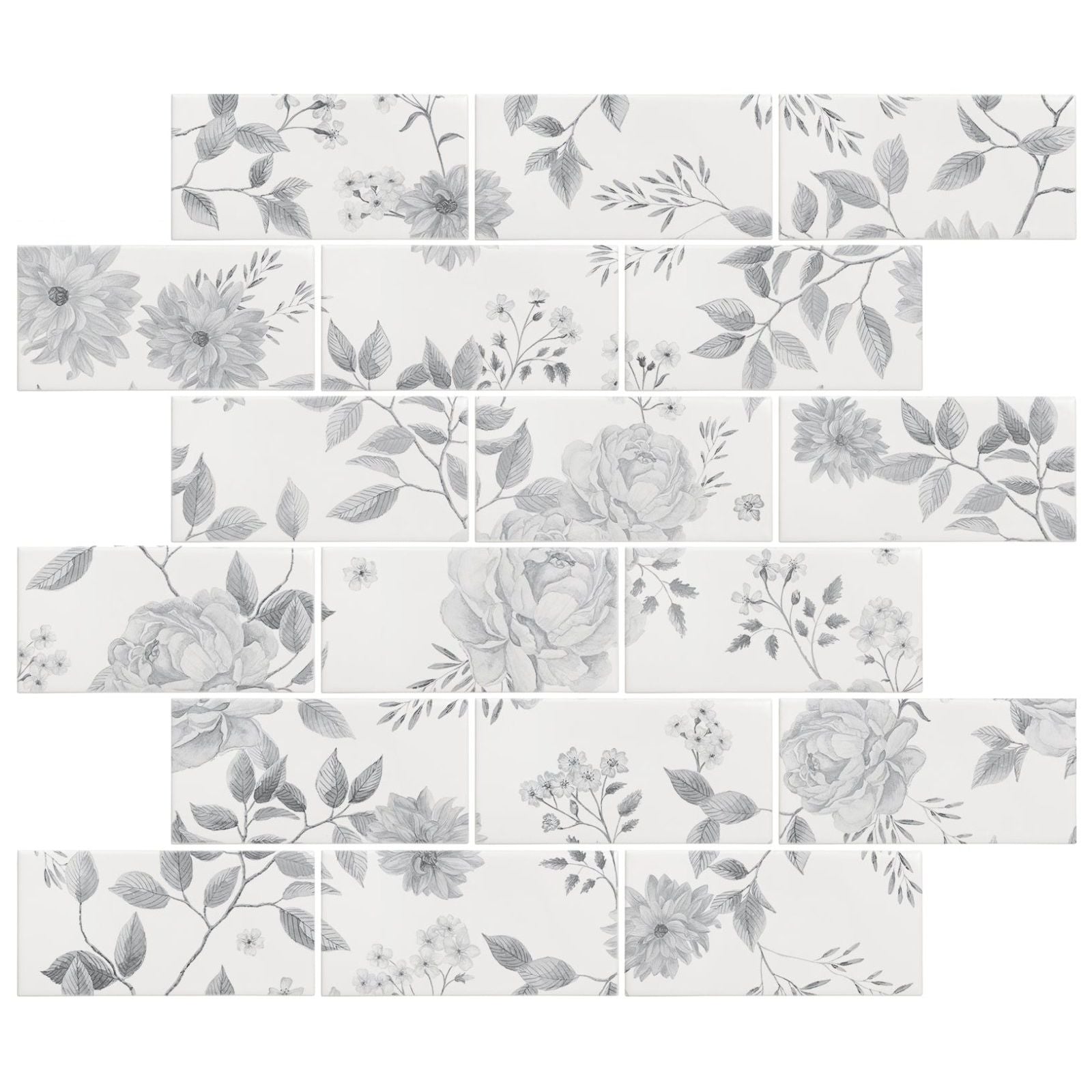 Cottage garden grey 18 tile panel with gray floral mosaic tiles featuring delicate botanical patterns on white background