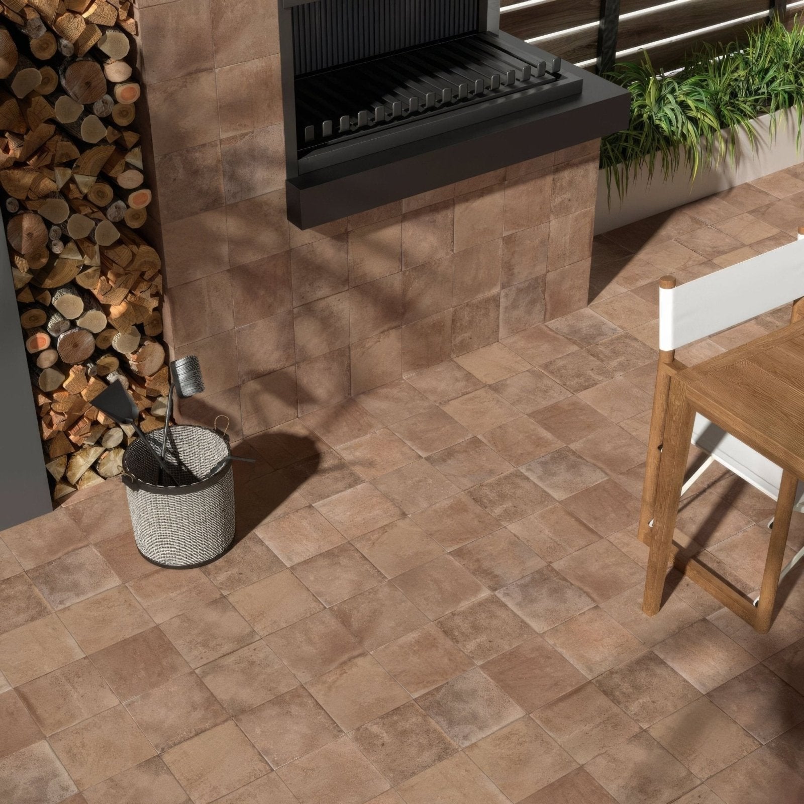 Brown square patio tiles with textured stone-like finish cotto natural terracotta effect tiles for outdoor use