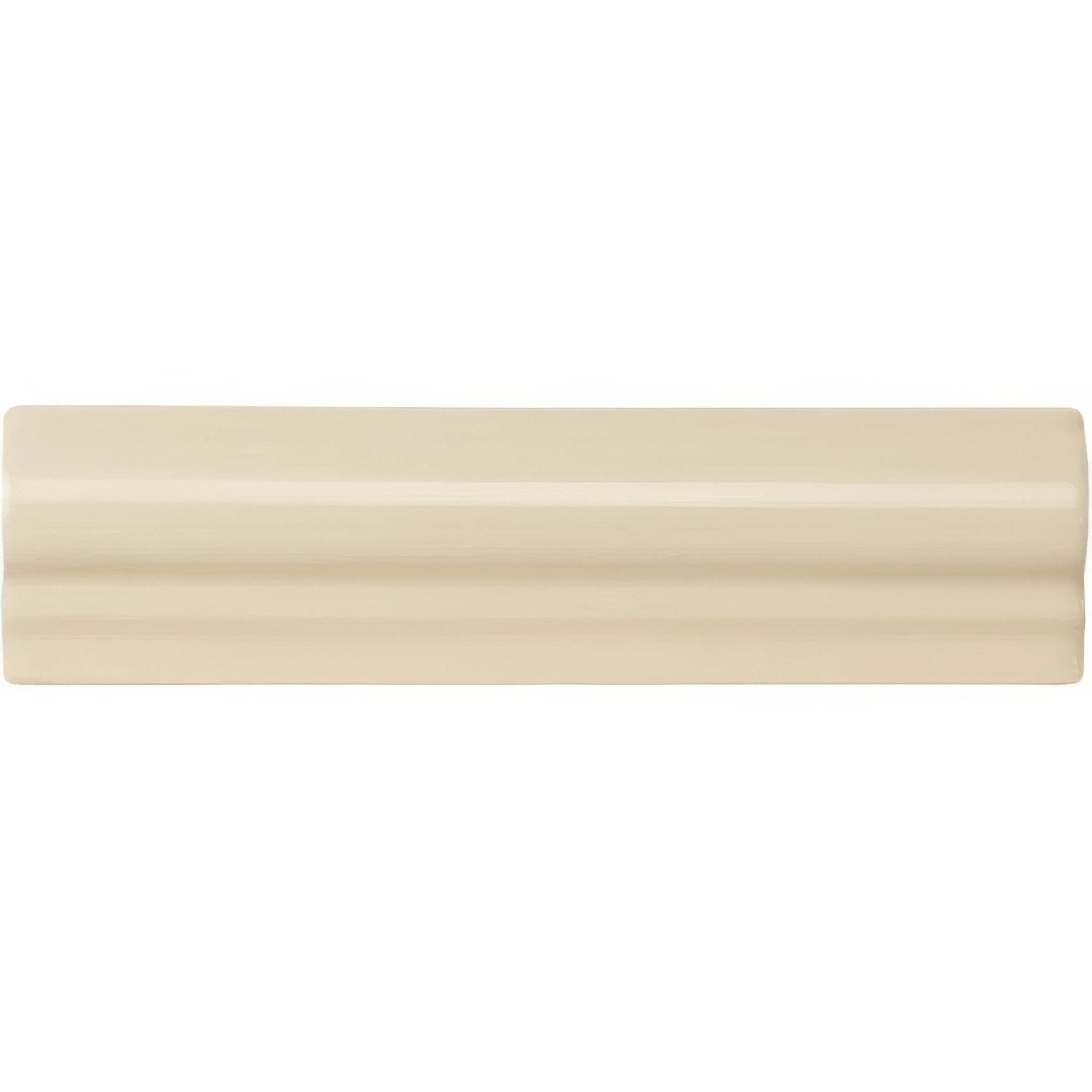 Cream-colored County White Albert Moulding ceramic tile with smooth glossy finish and subtle horizontal ridges