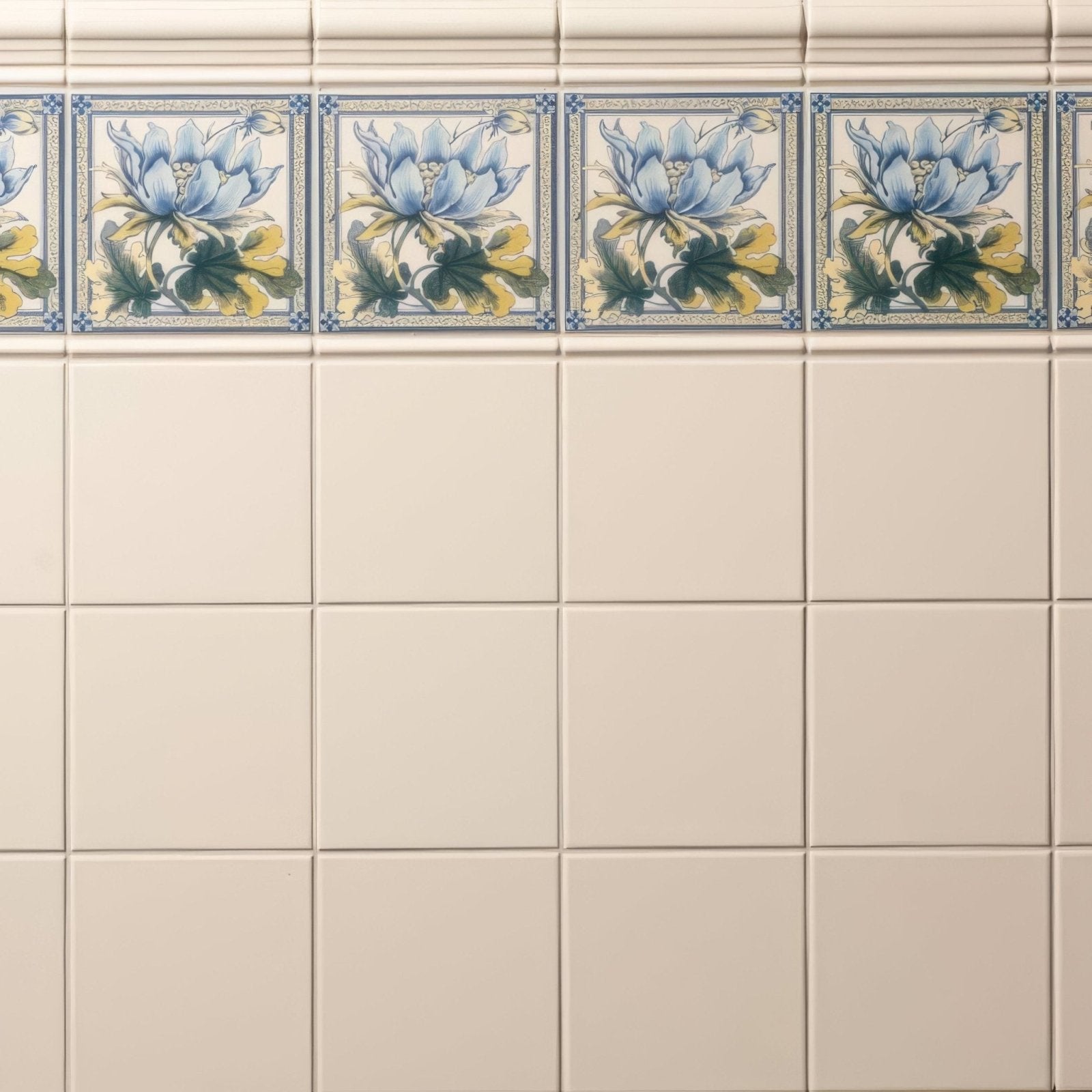 Beige ceramic county white field wall tile with decorative blue and yellow floral border motifs