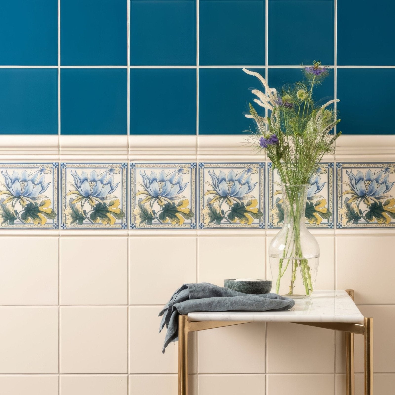 A clear glass vase with a bouquet of purple and white wildflowers displayed on county white field tile
