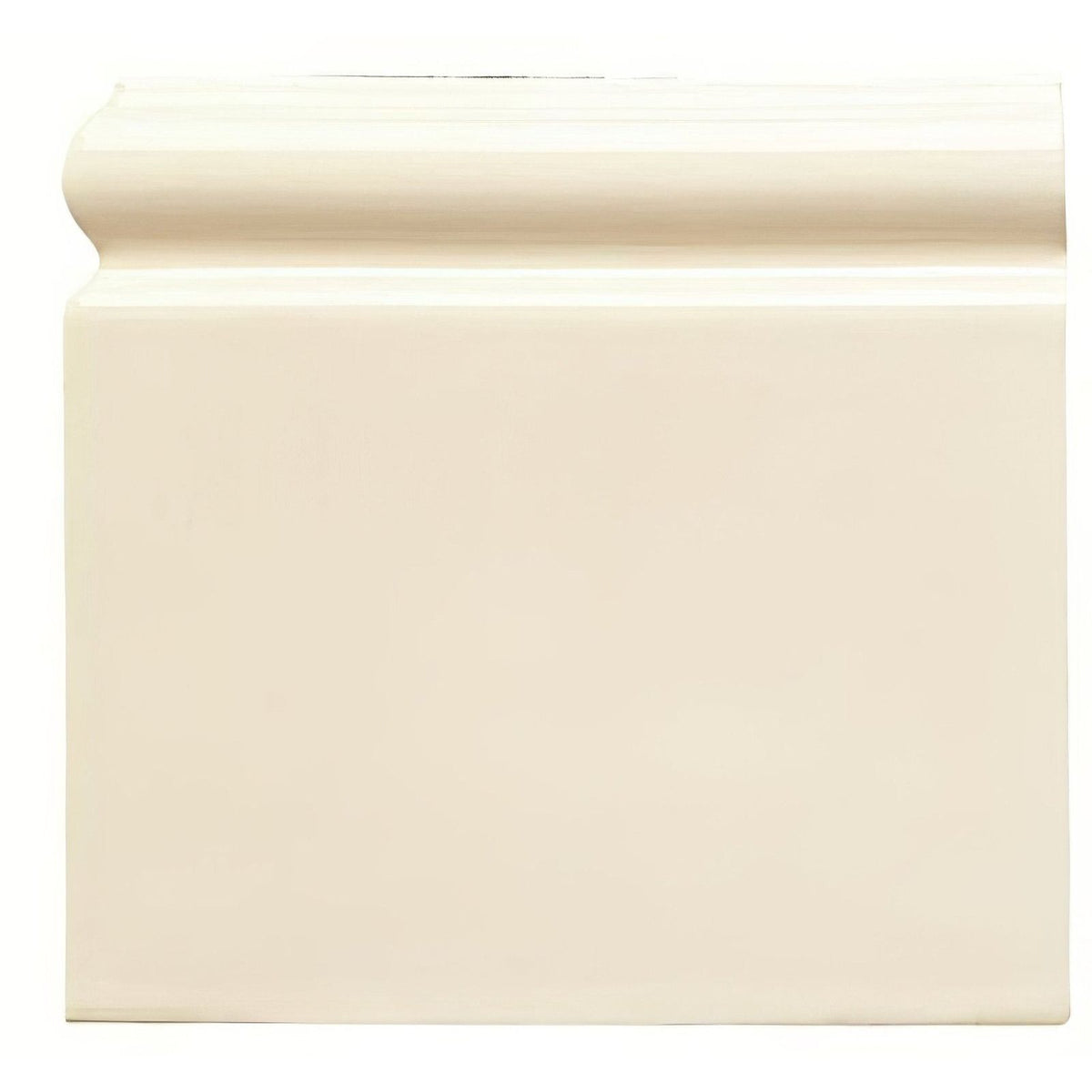 Cream-colored smooth-surfaced county white skirting left hand corner baseboard with a classic profile