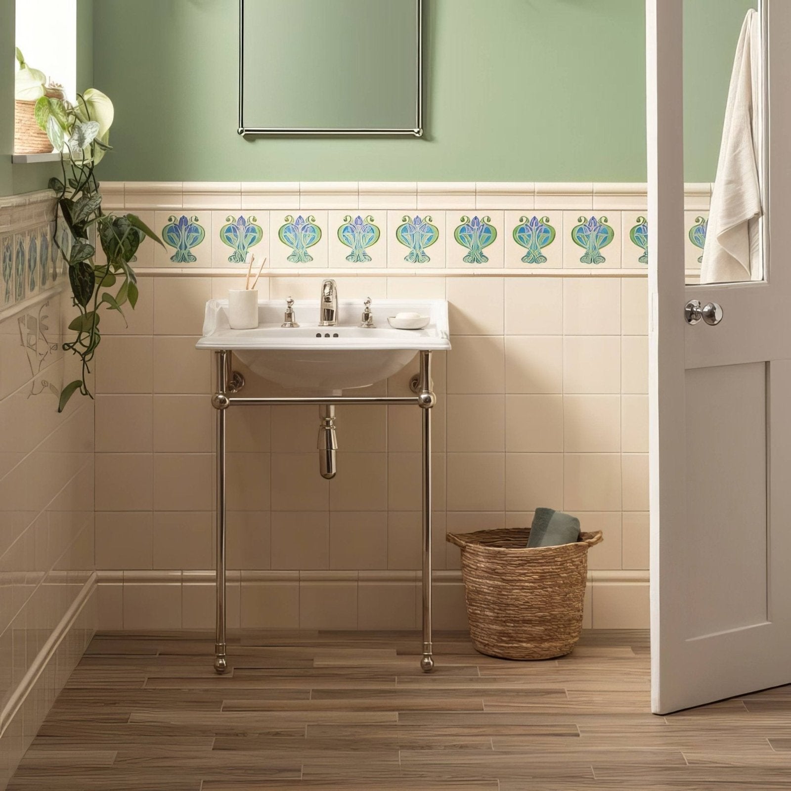 White ceramic pedestal sink with polished brass legs and fixtures in county white victoria moulding style