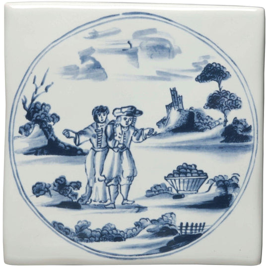 White ceramic tile with blue and white painted scene of a couple in period attire in a pastoral landscape