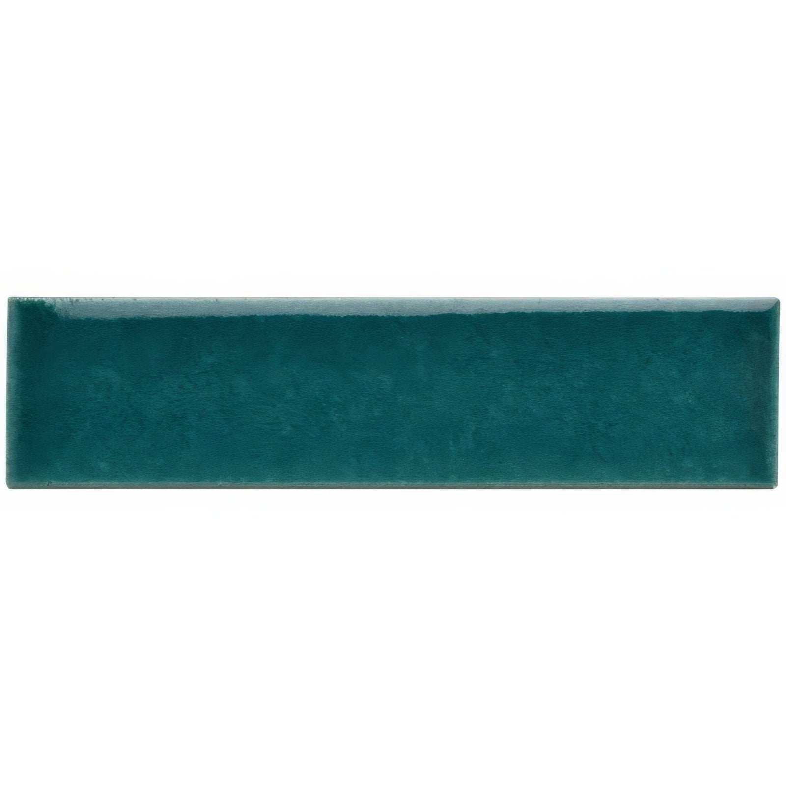 A sleek rectangular teal ceramic cove brick tile with a glossy finish and subtle texture