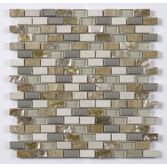 Cream Glass, Stone, Metal & Pearl Mix Mini Brick Mosaic Wall Tile - alternate view