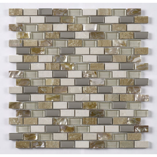 Cream Glass, Stone, Metal & Pearl Mix Mini Brick Mosaic - alternate view