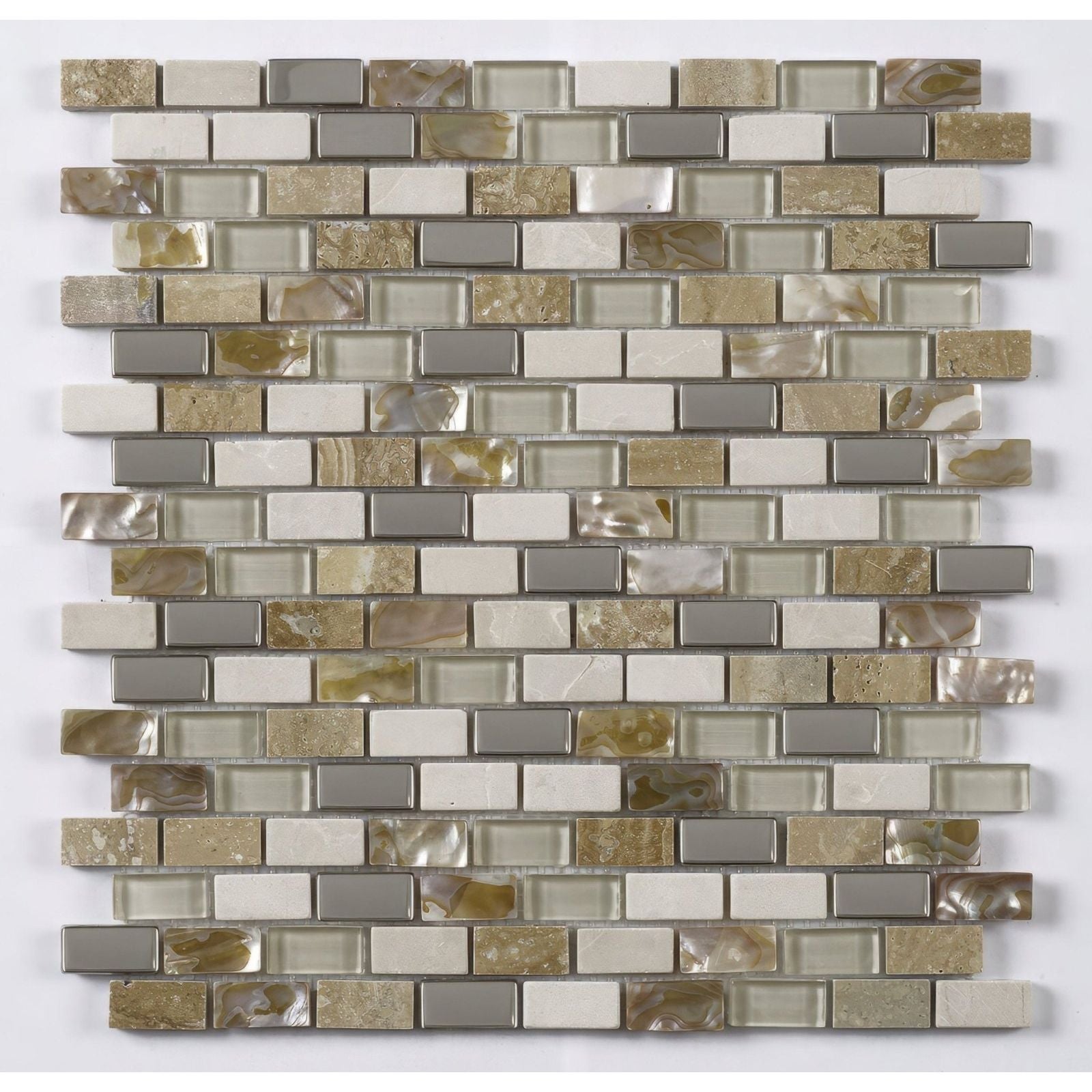 Cream glass stone metal and pearl mix mini brick mosaic in beige and gray with translucent metallic and pearl finishes