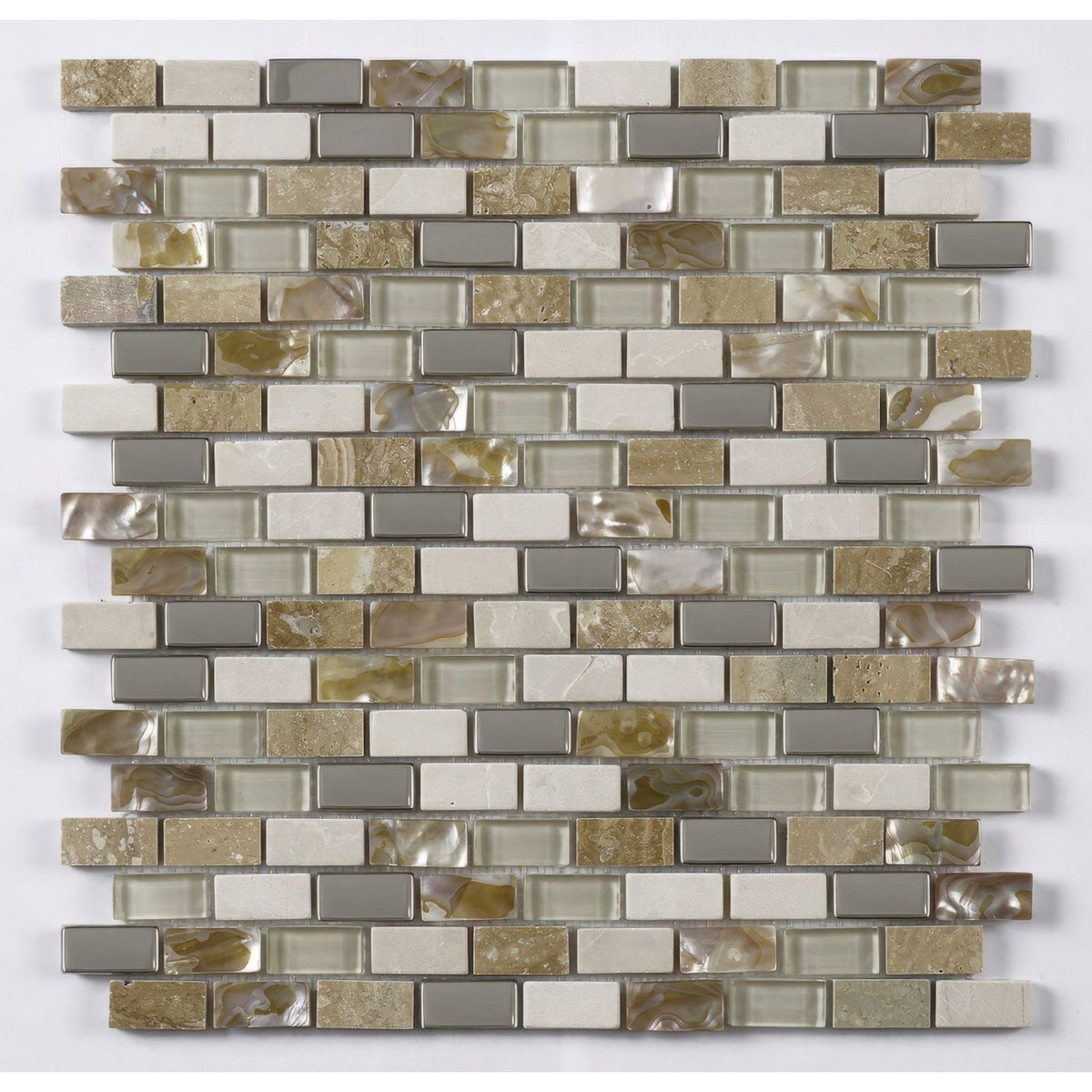 Cream Glass, Stone, Metal & Pearl Mix Mini Brick Mosaic – detail view 2